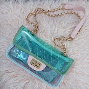 Stylish Transparent Quilted Bag - Blue, Green and Pink